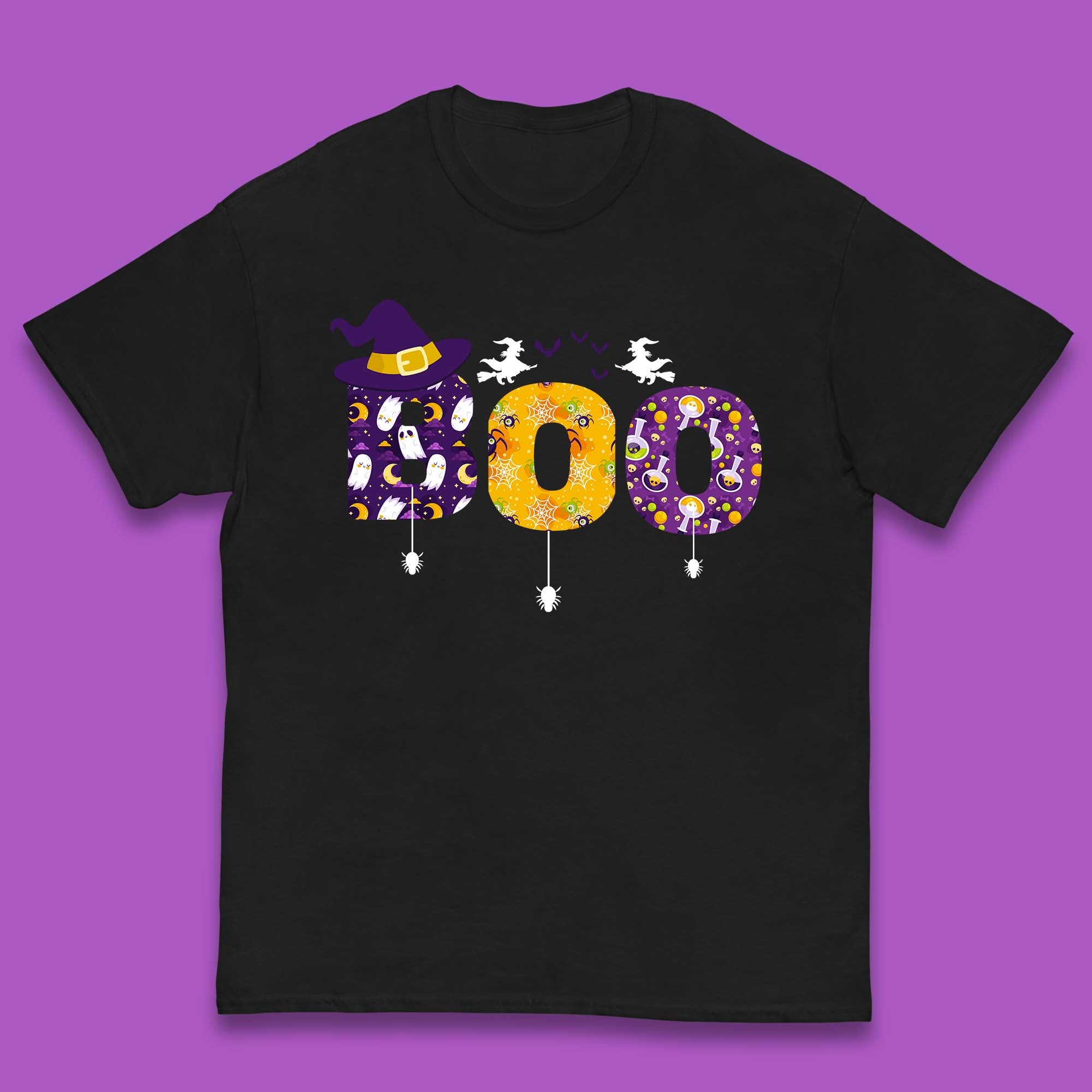 Boo With Spiders And Witch Hat Halloween Boo Ghosts Costume Kids T Shirt 100