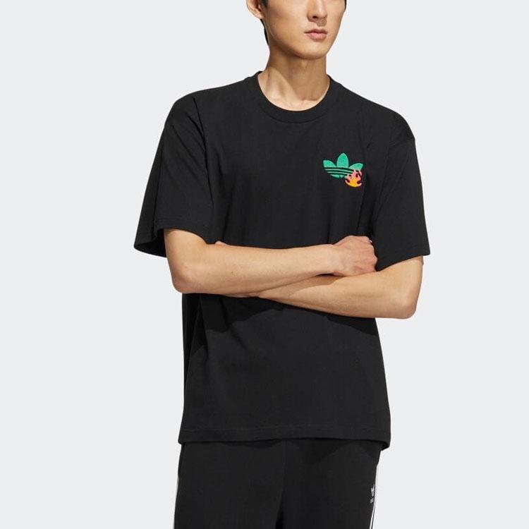 Adidas Logo Kreslený Vzor Vyšívané Tričko s Krátkým Rukávem a Kulatým Výstřihem Unisex Topy Černé HM8041