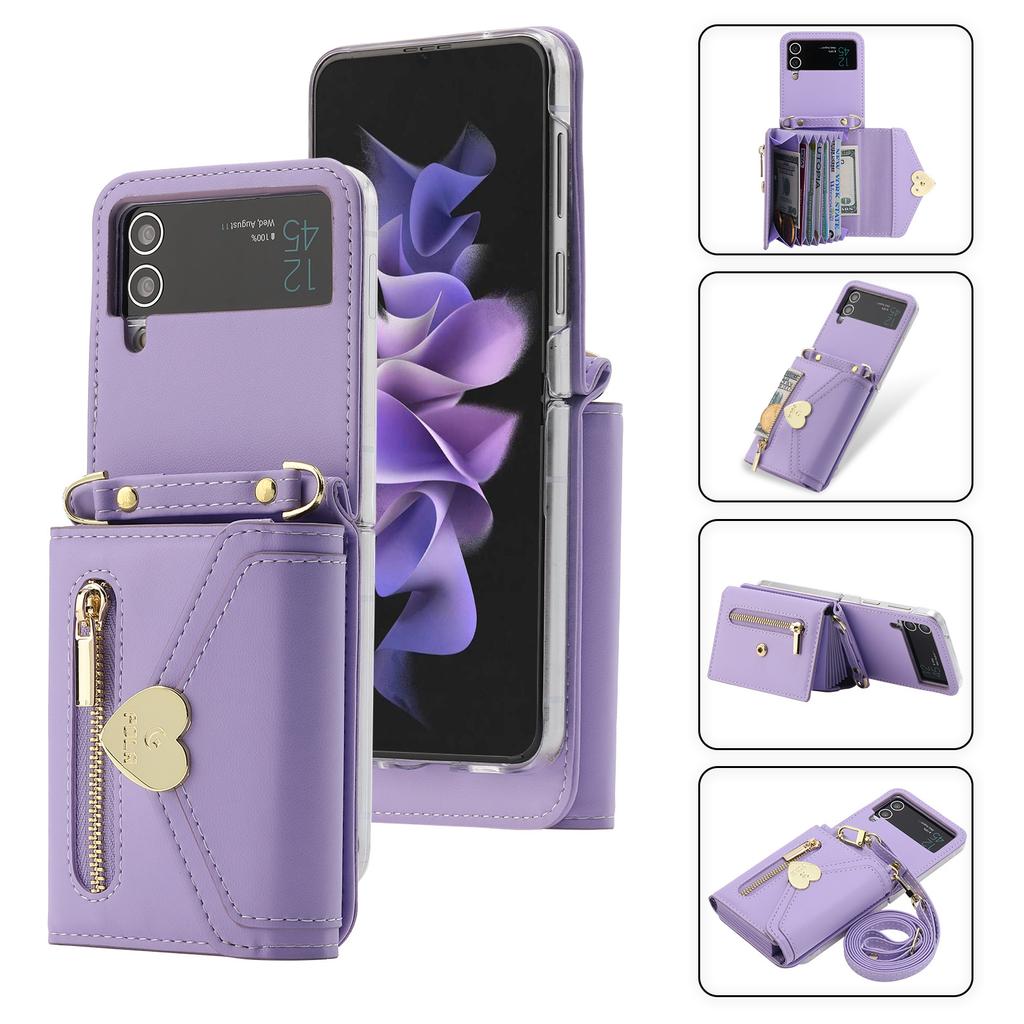 Suitable for Samsung Z Flip4 Mobile Phone Leather Case Z Flip3 Love Zipper Wallet Insert Card Oblique Span Protective Case