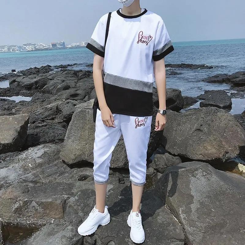 

Мужской летний костюм, мужская корейская футболка с коротким рукавом, летний мужской повседневный спортивный костюм M