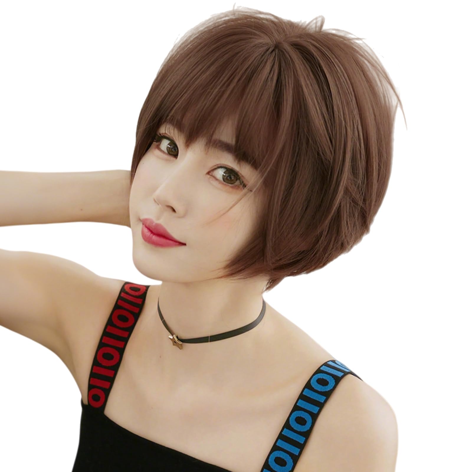

Hanzhuo Wig, Short Bob Wig/Full Wig, Brown Hair, Halloween, Small Face, Harajuku Style, Lolita, Straight Bangs, Heat Resistant, Everyday Wear