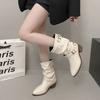 Spitze dicker Absatz weiße kurze Stiefel Damen 2025 neu britischer Stil Gürtelschnalle Martin Stiefel Temperament mittlerer Schaft Stiefel mit Blockabsatz