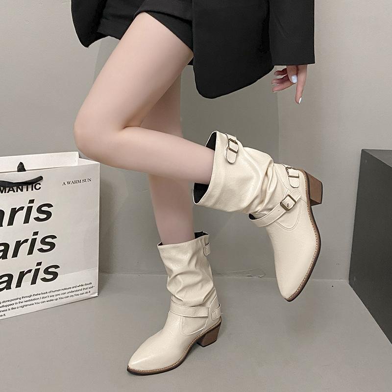 Spitze dicker Absatz weiße kurze Stiefel Damen 2025 neu britischer Stil Gürtelschnalle Martin Stiefel Temperament mittlerer Schaft Stiefel mit Blockabsatz