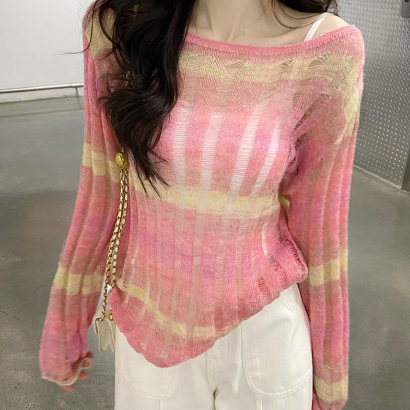 

Тонкое пляжное пончо в радужную полоску для защиты от солнца, женский весенний топ с вырезами из трикотажа, дизайн острая девушка , круглый вырез M розовый