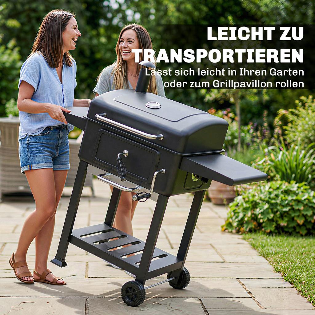Charcoal BBQ Grill with Adjustable Charcoal Pan, Large Barbecue Grill Smoker with Side Tables, Temperature for Outdoor