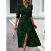 Women's Polo Collar Long Sleeve Midi Dress Slim Fit Mid Rise Elegant Printed Shirt Dress
