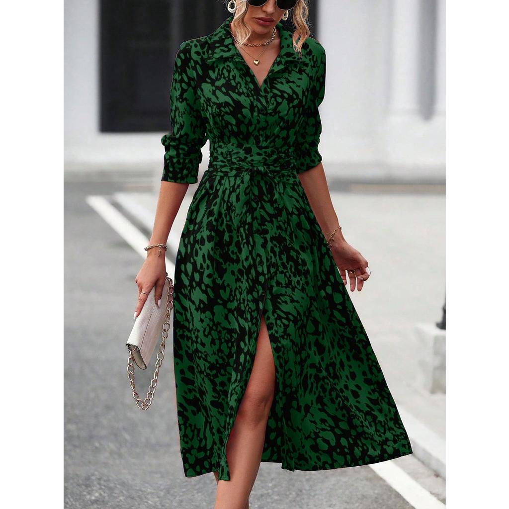 Women's Polo Collar Long Sleeve Midi Dress Slim Fit Mid Rise Elegant Printed Shirt Dress