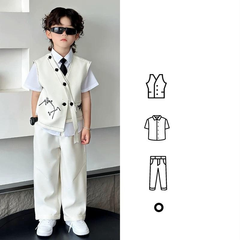 4 PCS Set Spring Summer  Boy Retro Stripes TShirt+Pants +Vest Kid Children Baby Gentleman Handsome Streetwear Party Clothes
