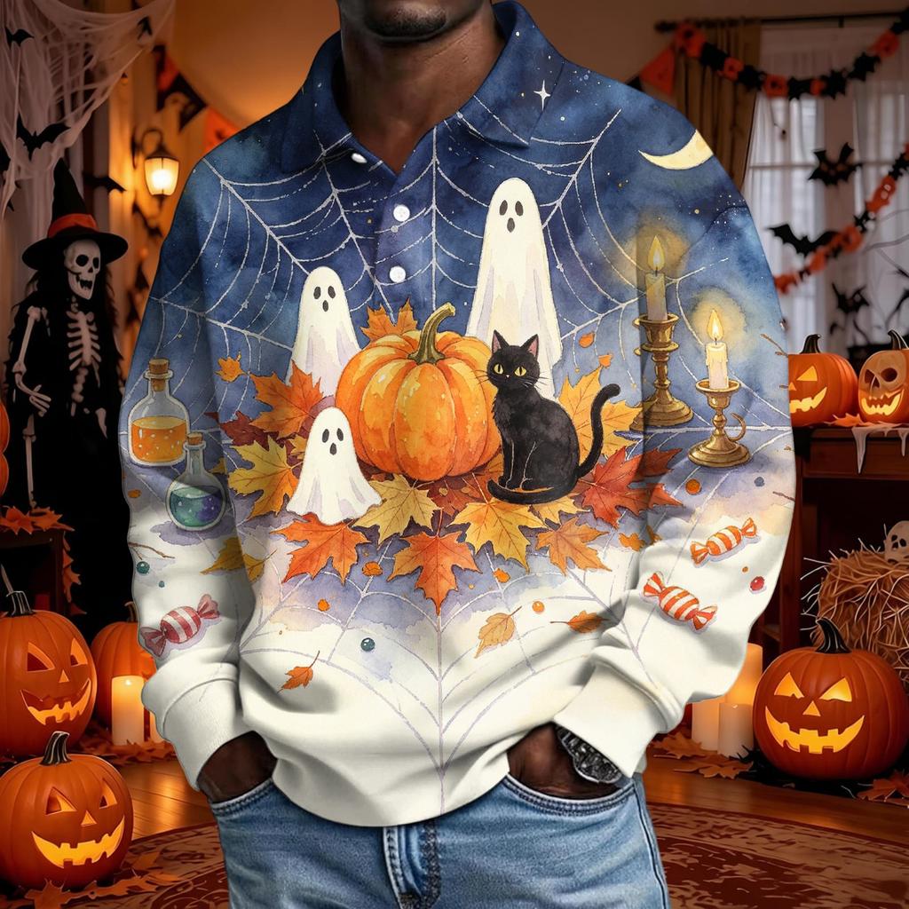 Men's Halloween Long Sleeve Button Up Shirt for Party and Casual Wear