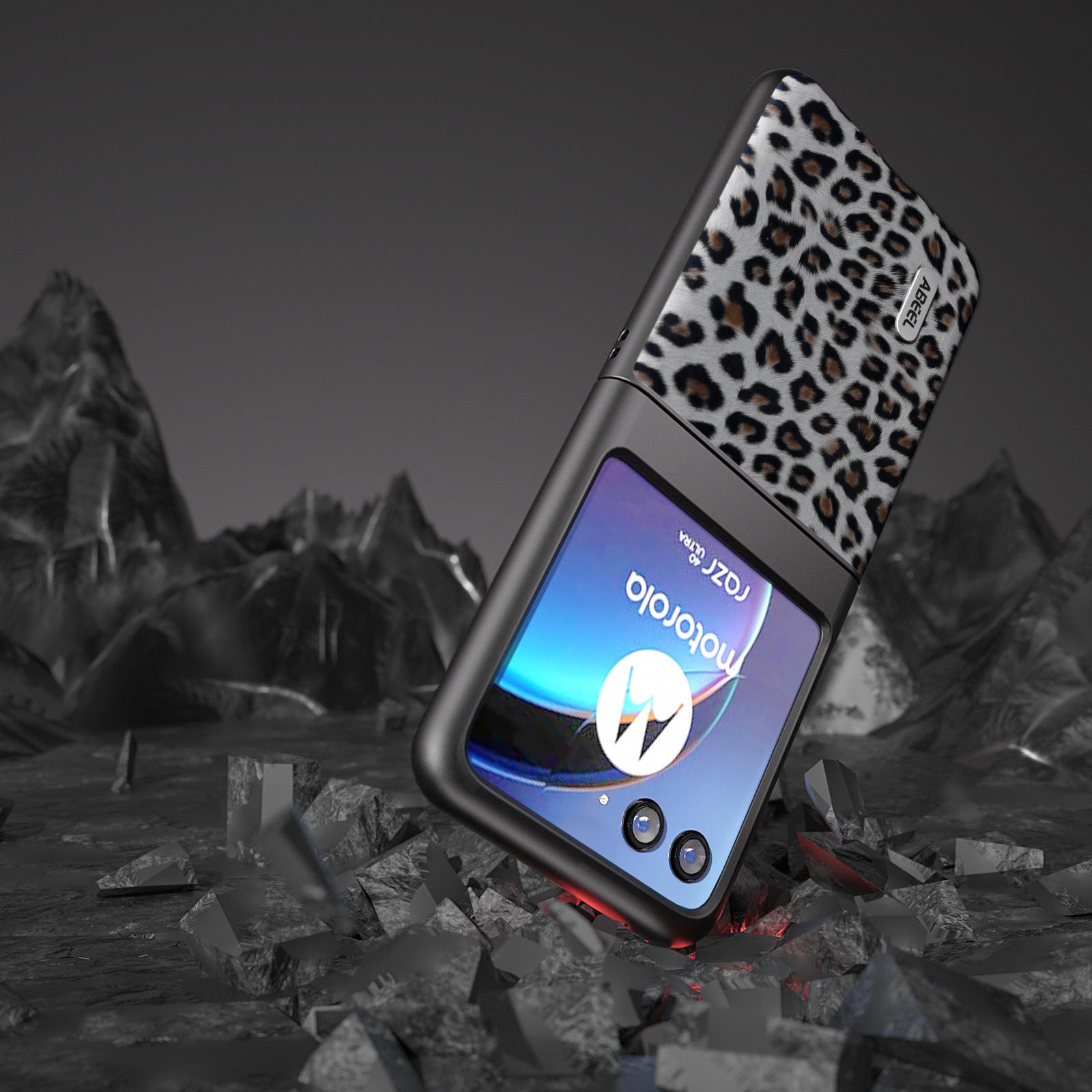 

ABEEL For Motorola Razr 40 Ultra 5G PU Leather Coated PC Phone Case Leopard Pattern Phone Cover Silver