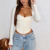 Women's Pink Satin Long Sleeve Top Scallop Trim Tie Front Slim Fit Blouse
