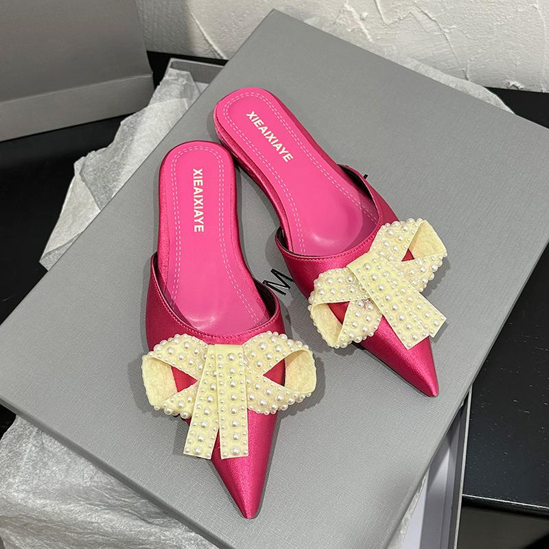 Fashion Flat Sandals Spring New Pointed Head Shallow Mouth Bead Butterfly Knot Soft Sole Anti-slip Wear-resistant Slippers
