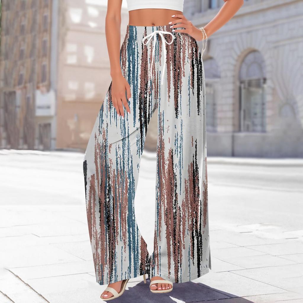 Damen Bedruckte Weitbeinige Hosen mit Taschen Hohe Taille Kordelzug Lockere Freizeit-Hosen