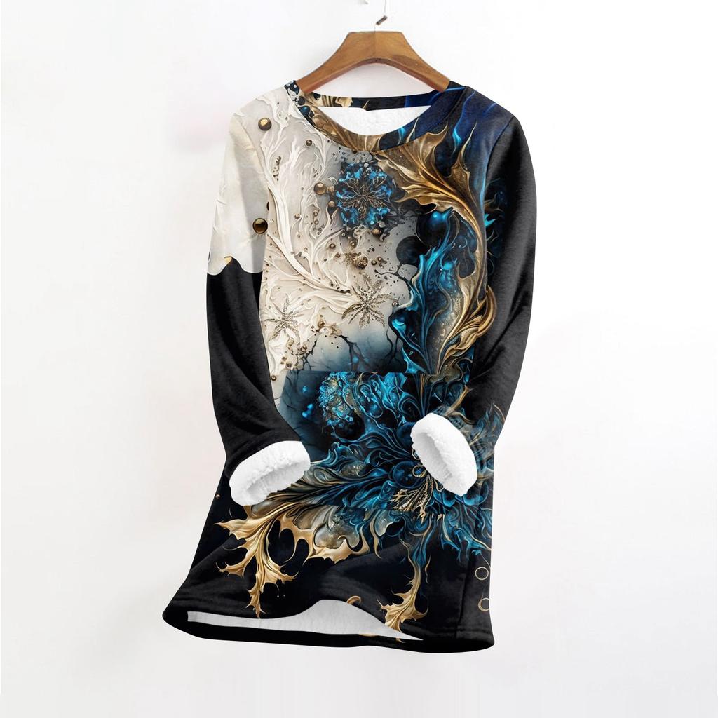 Women's Fashionable Printed Round Neck Long Sleeved Plush Warm Pullover Top