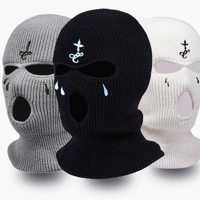 Winter-Sturmhaube, 3-Loch-Strick-Vollgesichtsabdeckung, Ski-Halsmanschette, warme Strickmütze für Outdoor-Sportarten, Kreuz-Stickerei, Ski-Maske