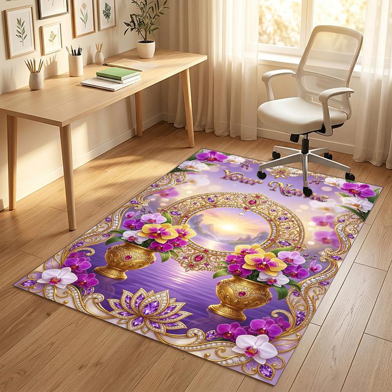 Floral Garden Theme Crystal Velvet Rug Personalized Custom Name Text Soft Floor Mat Home Decor