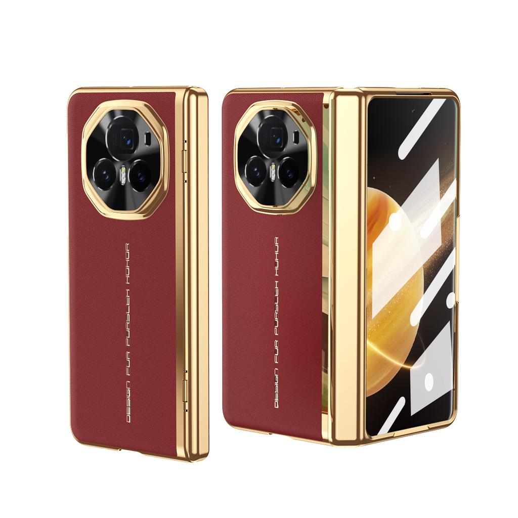 Luxe Leer Verguld Frame Scharnierende Gehard Glas Beschermfolie Hoesje voor Honor Magic V6 V 5 Magic V3 All-inclusive Cover