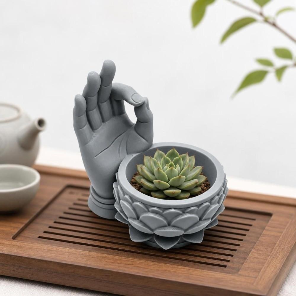Decorative Pot 3D Printed Lotus Shaped Flower Pot Creative Funny Zen Plant Pot Handmade Ok Hand Flower Container Home Decoration