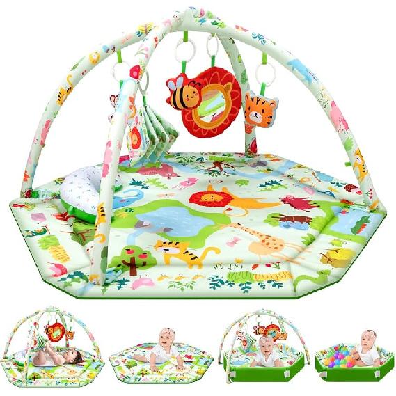 Baby Play Mat,Tummy Time Mat with 6 Detachable Toys-Activity Gym for Visual, Auditory & Motor Development-Washable Baby Activity Mat for 0-12 Month