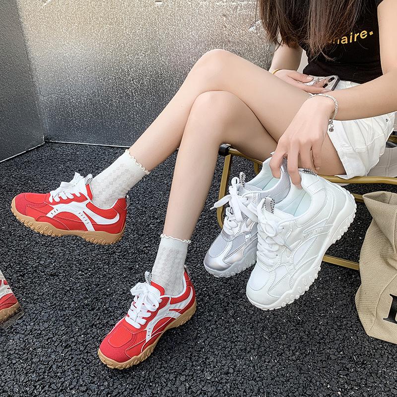 Grape Mother of the Same Style, Spring Letter Raft~ Lace Splicing Casual Style Pearl Belt Inner Height Increase Forrest Gump Platform German Training 