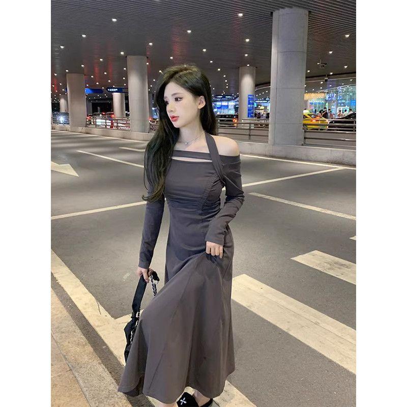 Sexy Spice Girl Neck Shoulder Long Sleeve Dress Women's Spring New Slim Fit Stack Wear Inside Hip Wrap Long Skirt