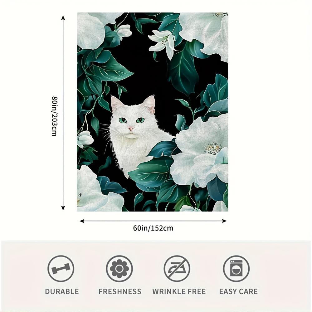 1pc Vintage Style Cat and Floral Print Soft Throw Blanket, 60x80inch, Seamless Pattern with White Cats and White Flowers,