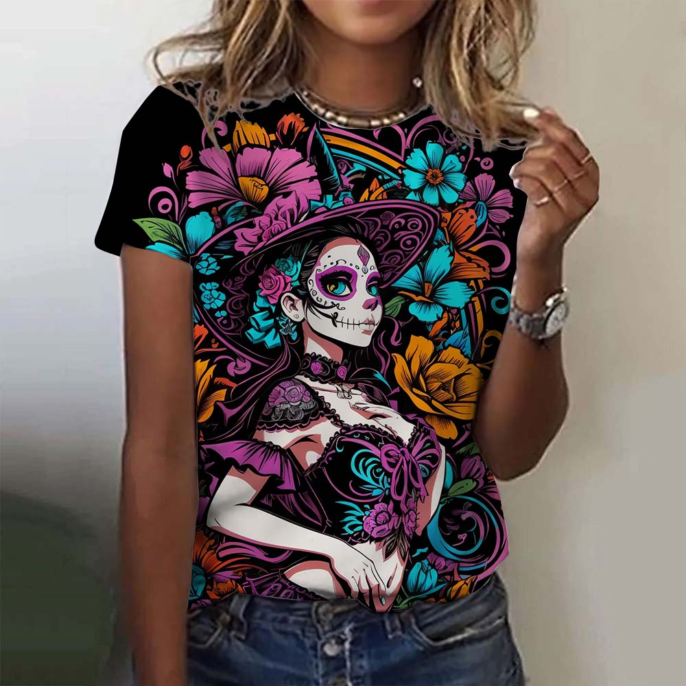 Women's T-shirt for Girls Short Sleeve Casual Sexy Girls Clothes Summer Day of the Dead Undead Skull Pattern Oversized T-shirts