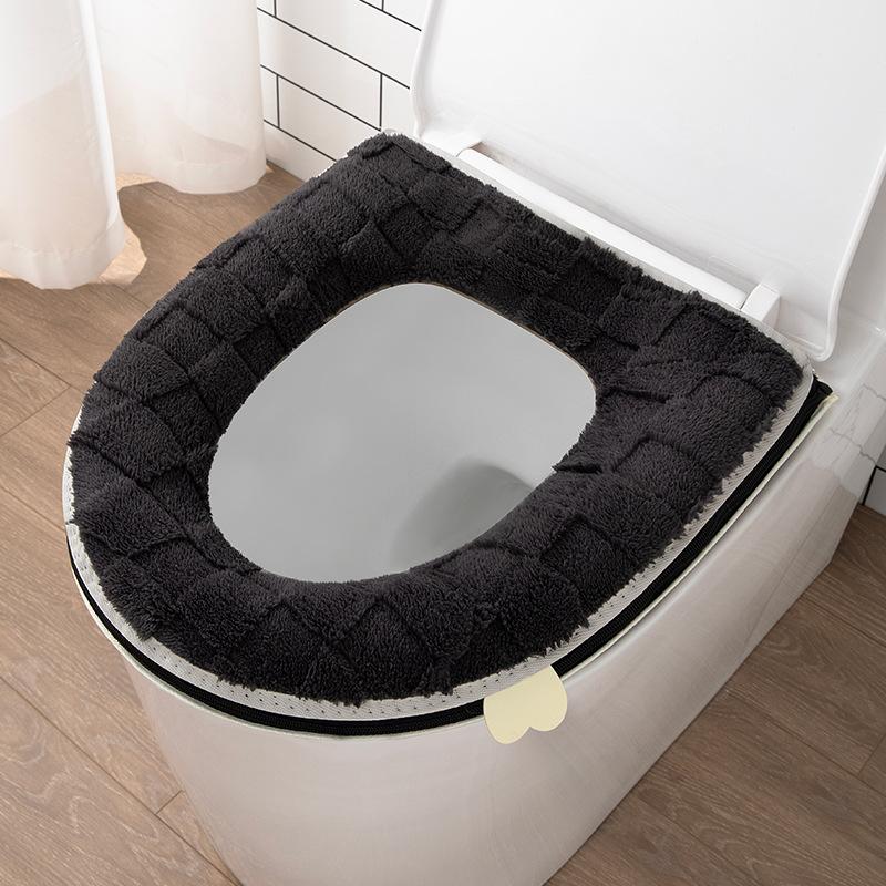 Thickened Plush Checkered Toilet Seat Cushion with Zipper, Winter Home Toilet Mat, Comfortable for Long Sitting Without Pressure