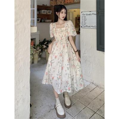 French Chic Square Neck Small Fresh Floral Dress Women's Summer Gentle Wind Waist Thin Medium and Long A-shaped Skirt