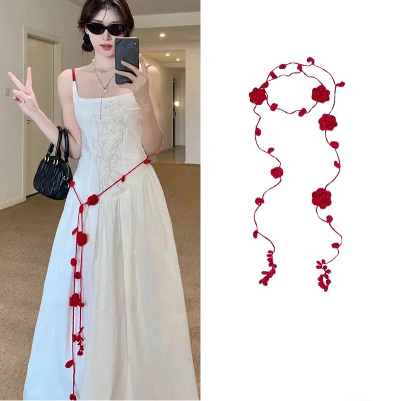 Temperament Rose Handmade Waist Chain Women'S Elegant Versatile Crochet Flower Long Necklace Decorative Skirt Belt Accessories