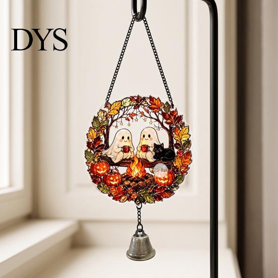 Festive Door Hangers Halloween Acrylic Pumpkin Hanging Decoration, Cartoon Ghost Ornament with Decorative Pendant Bell, Suncatcher Decor for