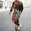 Men Pink Black White Wavy Curve Geometric Print Long Sleeve Sweatshirt Jogger Pants Two Piece Suit