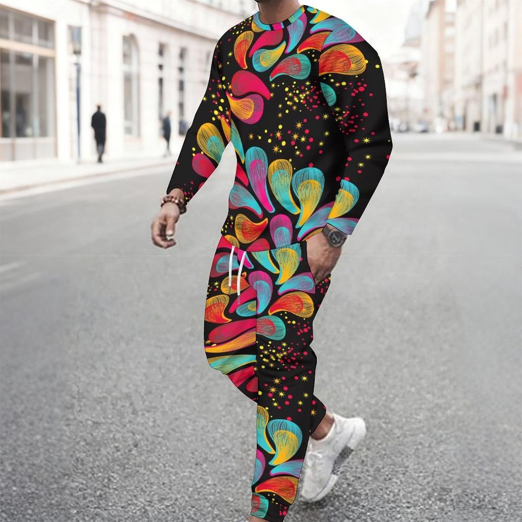 Men Pink Black White Wavy Curve Geometric Print Long Sleeve Sweatshirt Jogger Pants Two Piece Suit