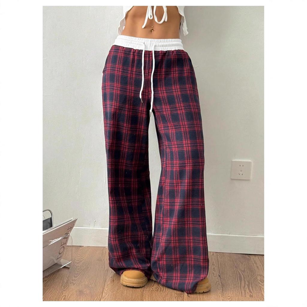 2025 Plaid Patchwork High Waist Straight-Leg Casual Pants