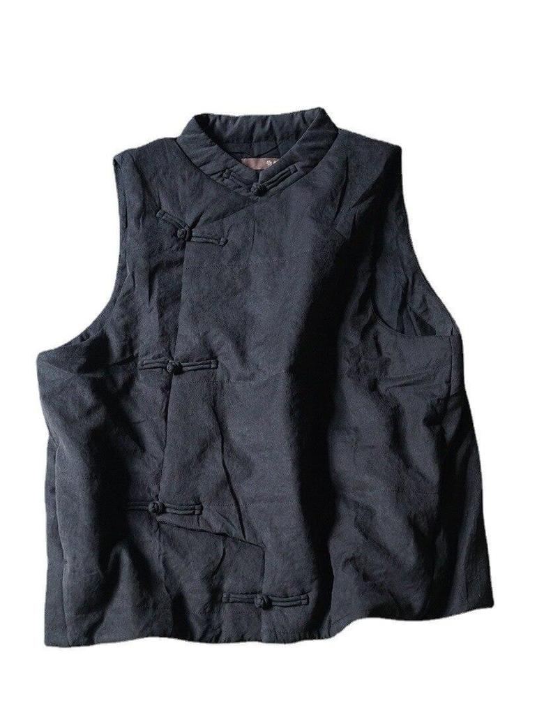 Johnature Women Stand Bead Quilted Vest Retro Polyester Solid Color Loose Padded Coat Winter Sleeveless Button Clothes