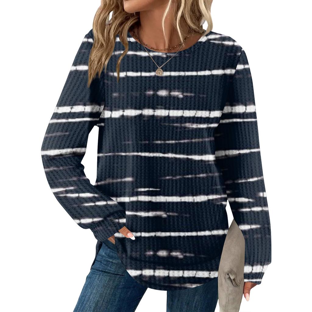 Women's Striped Print Round Neck Long Sleeve Loose Casual Top