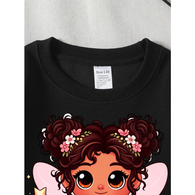 European sizes Girls Soft Crewneck Sweatshirt Cute Fairy Girl with Star Wand Print, Casual for Fall Winter, Ideal Holiday Present.