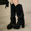 Winter Designer Pleated Splicing Round Toe Women Knee High Boots Fashion Platform Square Heels Shoes  De Mujer