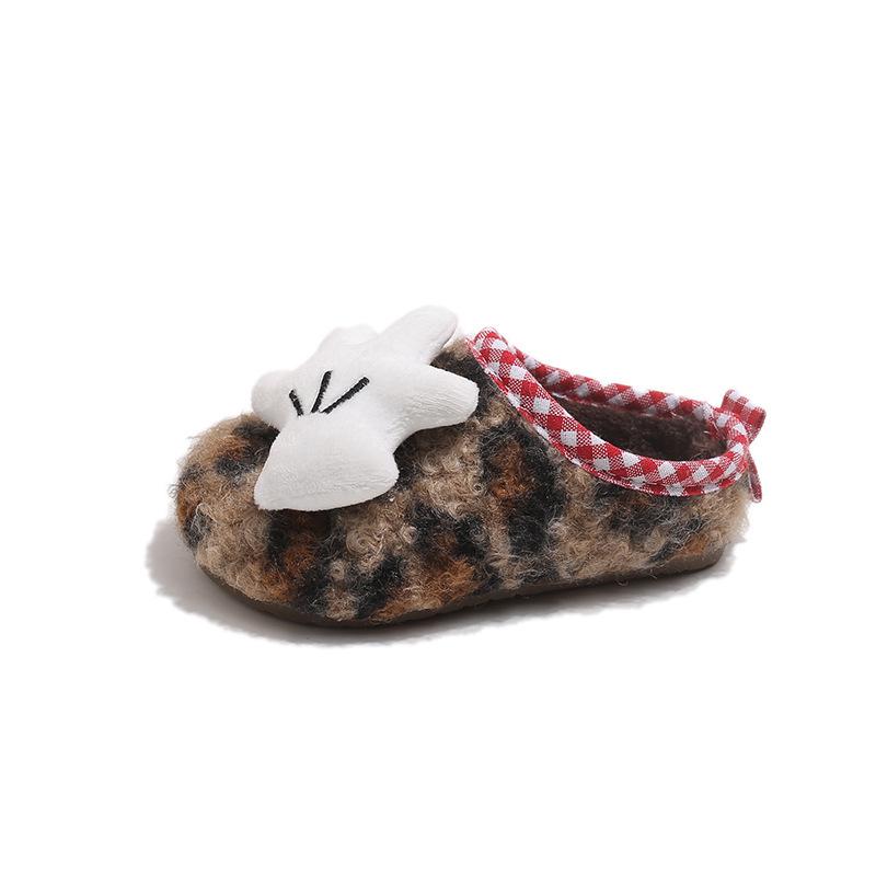 Children's Slip-on Winter Fleece Shoes, Style AB, Doll & Leopard Print, Non-slip Warm Half Slippers, Furry Cotton Design.