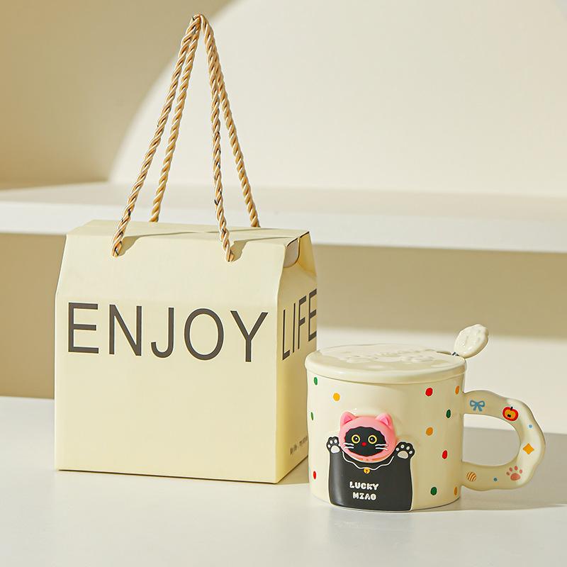 Cute cat ceramic mug with lid spoon coffee water cup couple cup with gift high value