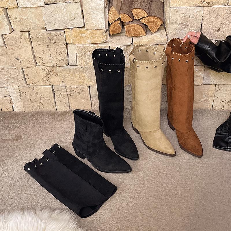 Stivali Western da Cowboy da Donna con Tacco Spesso Vintage alla Moda Scarpe Combinazione Designer Splicing Stivaletti Lunghi da Donna Autunno Inverno