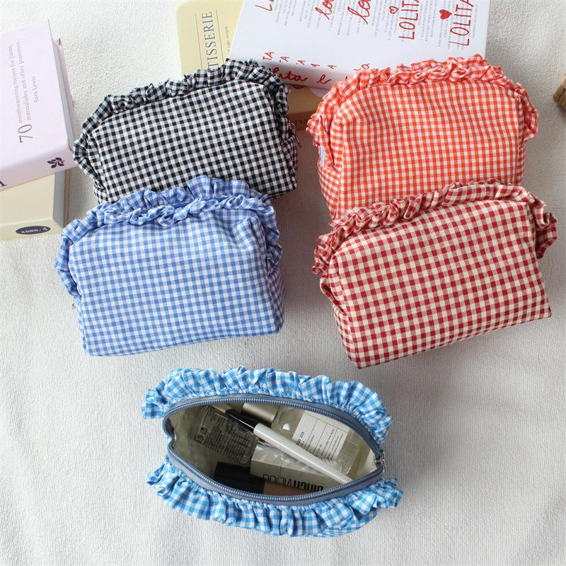 Cute High-Value Makeup Bag Case Fresh Grid Lace Pencil Case Portable Large Capacity Toiletry Cosmetic Bag Student Storage Pouch
