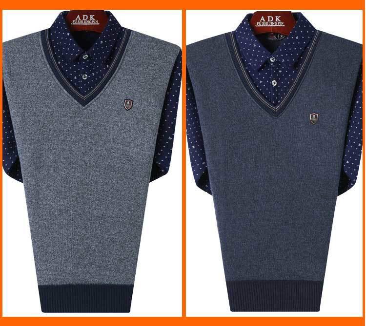 Men's Autumn/Winter Knit Sweater with Fake Two-Piece Shirt Collar - Plus Velvet, Middle-Aged & Young Styles.