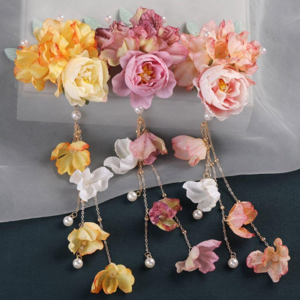 New Artificial Flower Floral Hairpin Forks U-shaped Tassel Hair Clip Fork Vinatge Chinese Style Tassel Headwear Hanfu