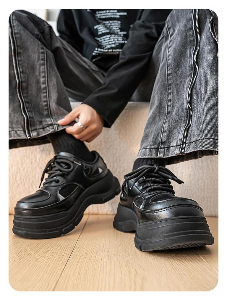 Men's Black Leather Height-Increasing Derby Shoes - 2025 Autumn/Winter Collection, British Style with Thick Sole