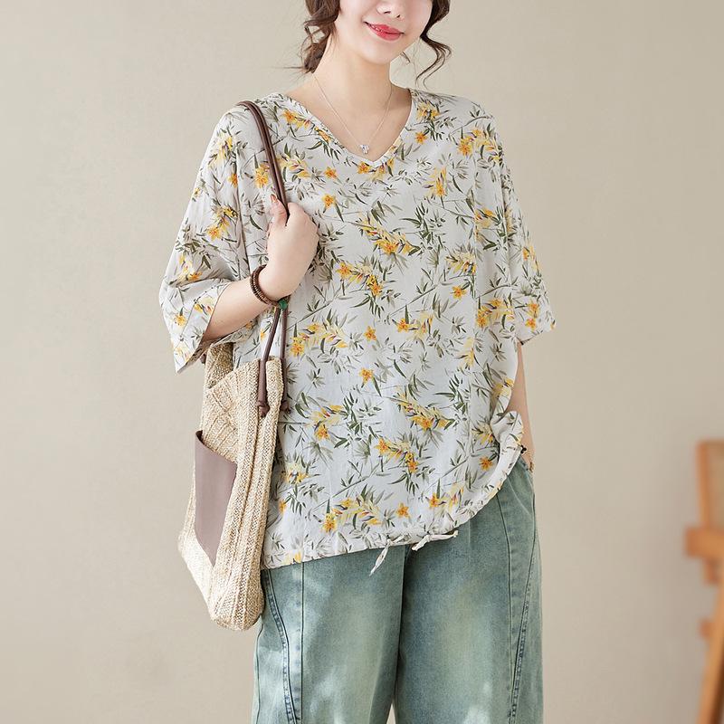Summer Printed Short-sleeved T-shirt V-neck Cotton and Linen Loose Large-size Women's Top T-shirt Cotton and Linen Shirt