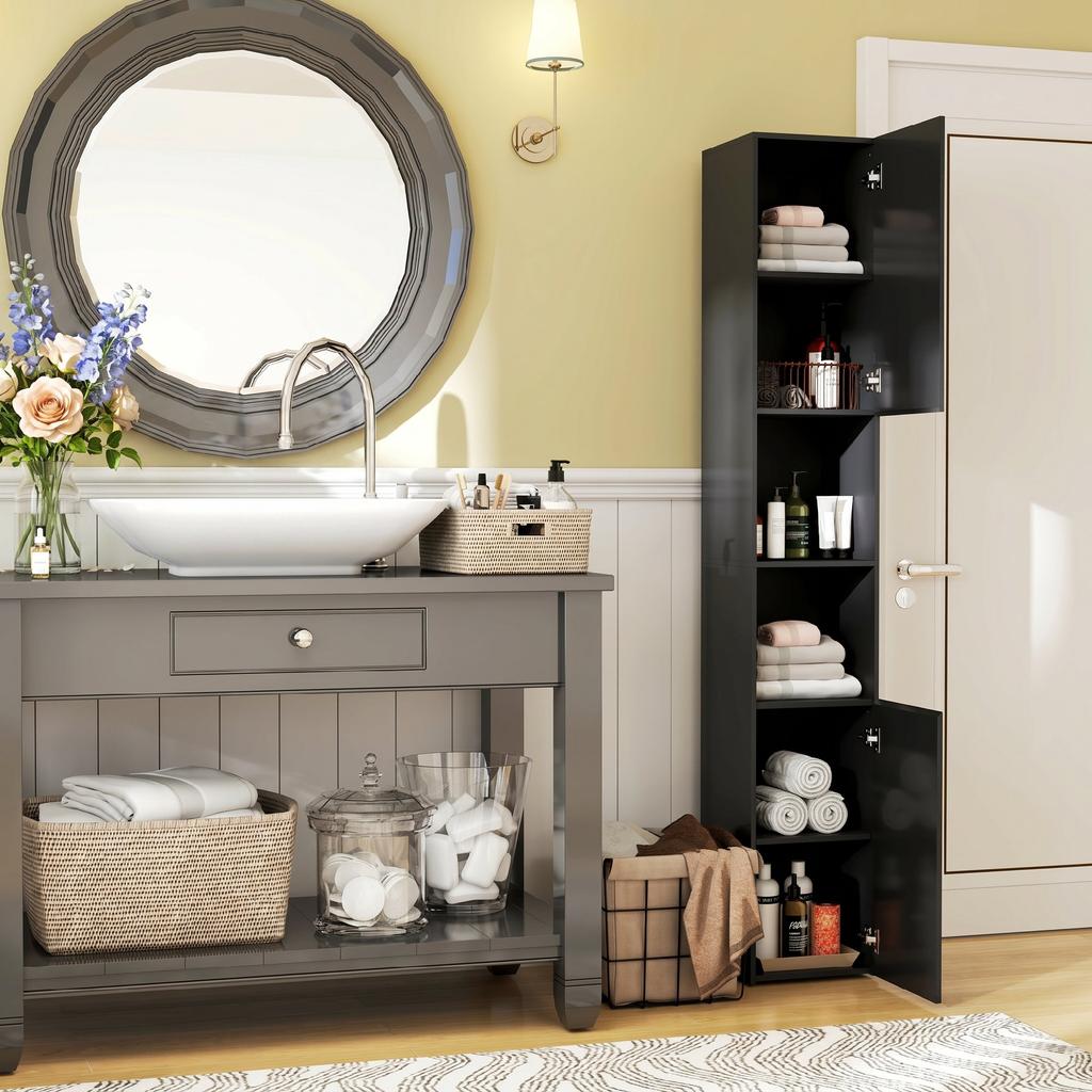 Bathroom Column Cabinet, 2 Cupboards, Adjustable Shelves, 2 Niches, 30 x 30 x 181.5 cm, Black