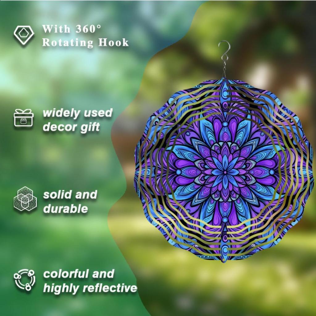 Bohemian Style 10 Inch Metal Wind Spinner Vibrant Mandala Design Garden Decor for Patio Lawn Balcony All Season Outdoor