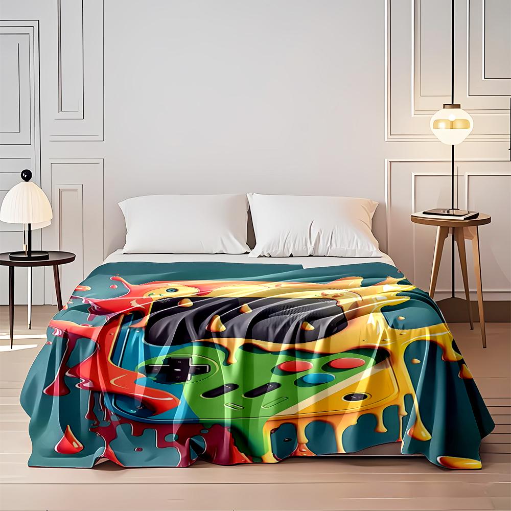 Retro Game Console Design with Colorful Drips Flannel blanket for bedroom, living room, sofa, and nap sofas.