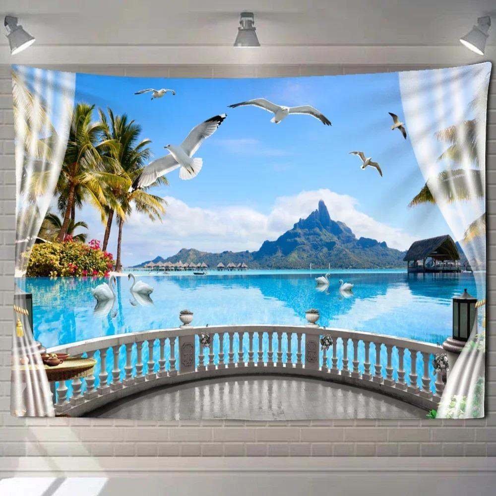 Home decoration natural ecological beach scenery imitation window paper art tapestry background wall room beautiful living room